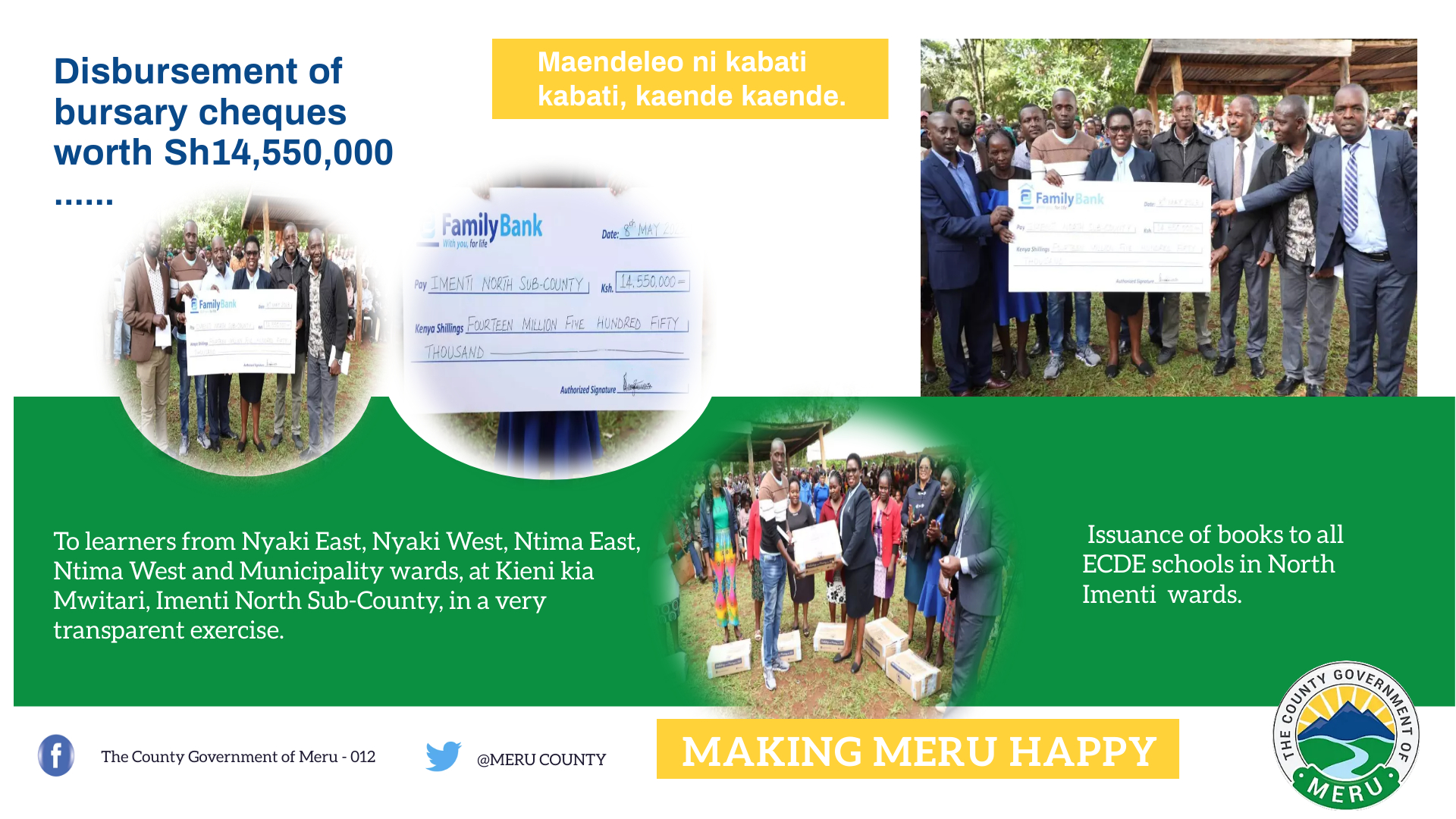 Disbursement Of Bursary Cheques Worth Sh14,550,000 To Learners From Nyaki East, Nyaki West, Ntima East, Ntima West And Municipality Wards.