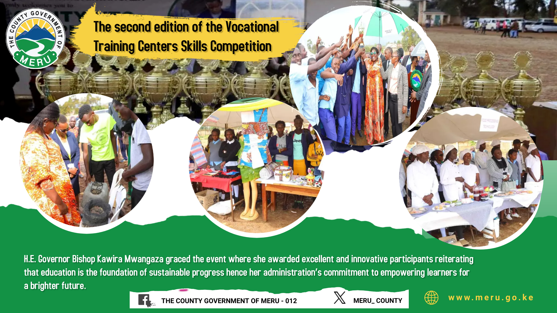 Governor Bishop Kawira Mwangaza honored the second edition of the Vocational Training Centres Skills Competition, towards skill development for a brighter future.