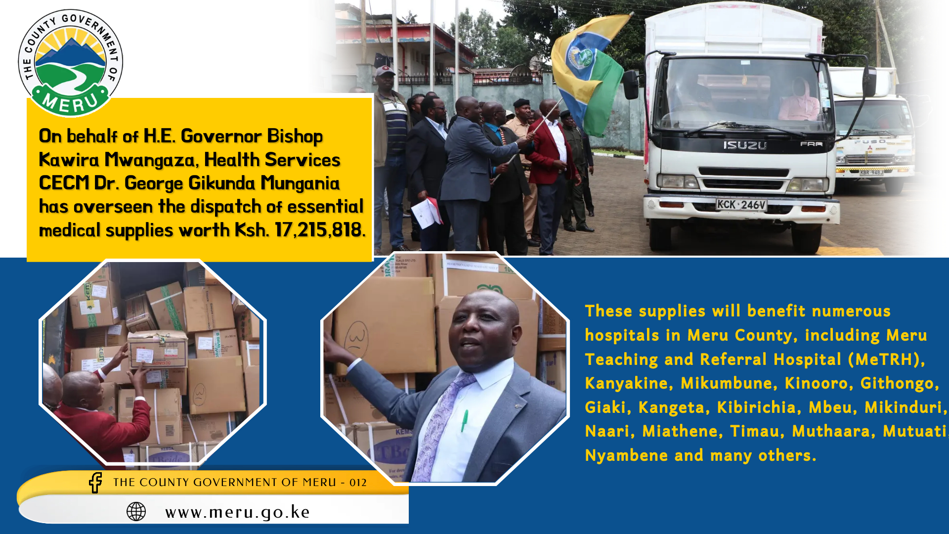 Dispatch of Essential Medical Supplies Overseen by Health Services CECM Dr. George Gikunda Mungania on Behalf of H.E. Governor Bishop Kawira Mwangaza.