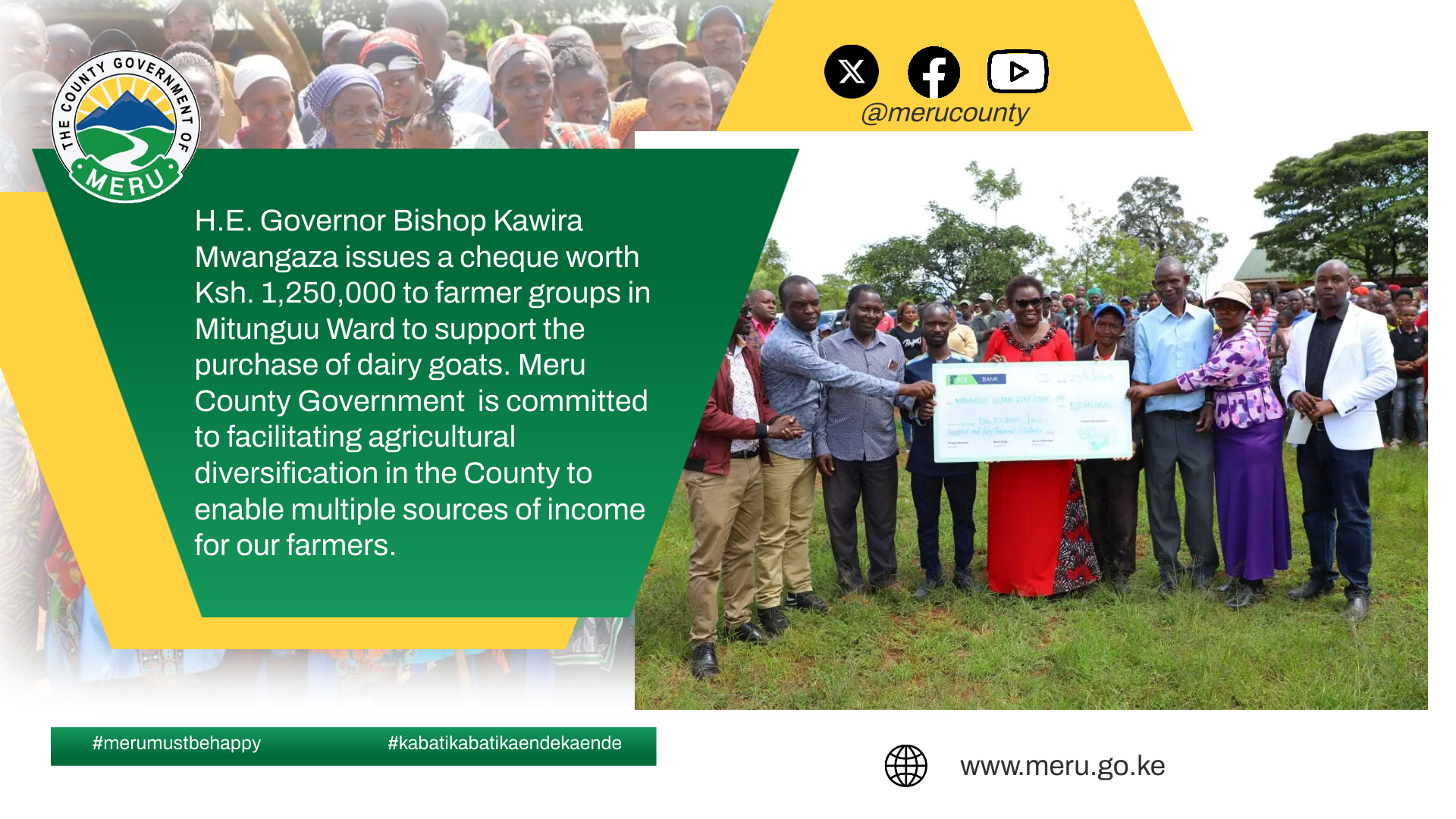 Governor H.E Bishop Kawira Mwangaza distributed cheques to various farmers' groups in Mitunguu Ward.