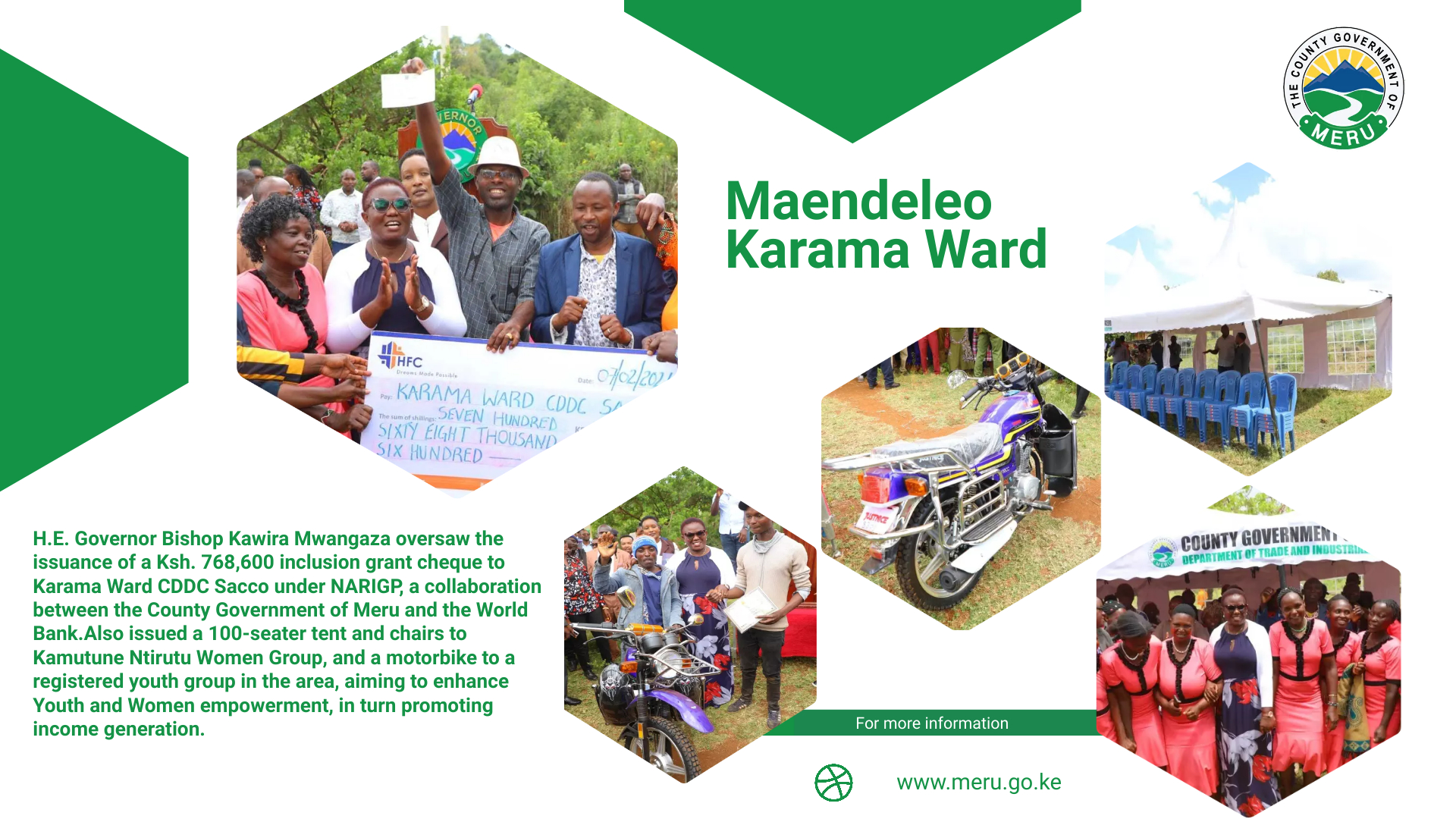 Governor Bishop Kawira Mwangaza Facilitates Inclusion Grant, Distributes Tent, Chairs, and a Bike to Karama Ward for Youth and Women Empowerment.