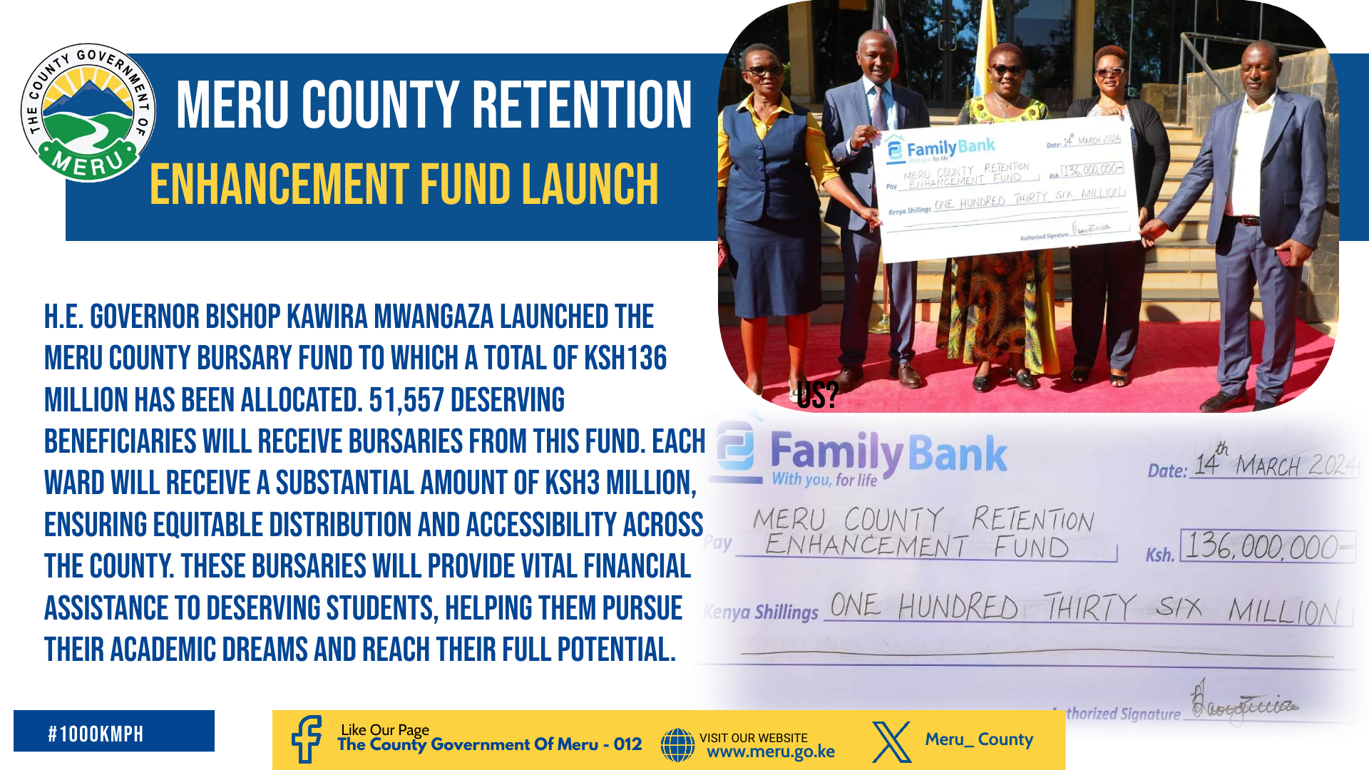 Governor Bishop Kawira Mwangaza Launches Meru County Bursary Fund with Ksh 136 Million Allocation for 51,557 Deserving Beneficiaries.