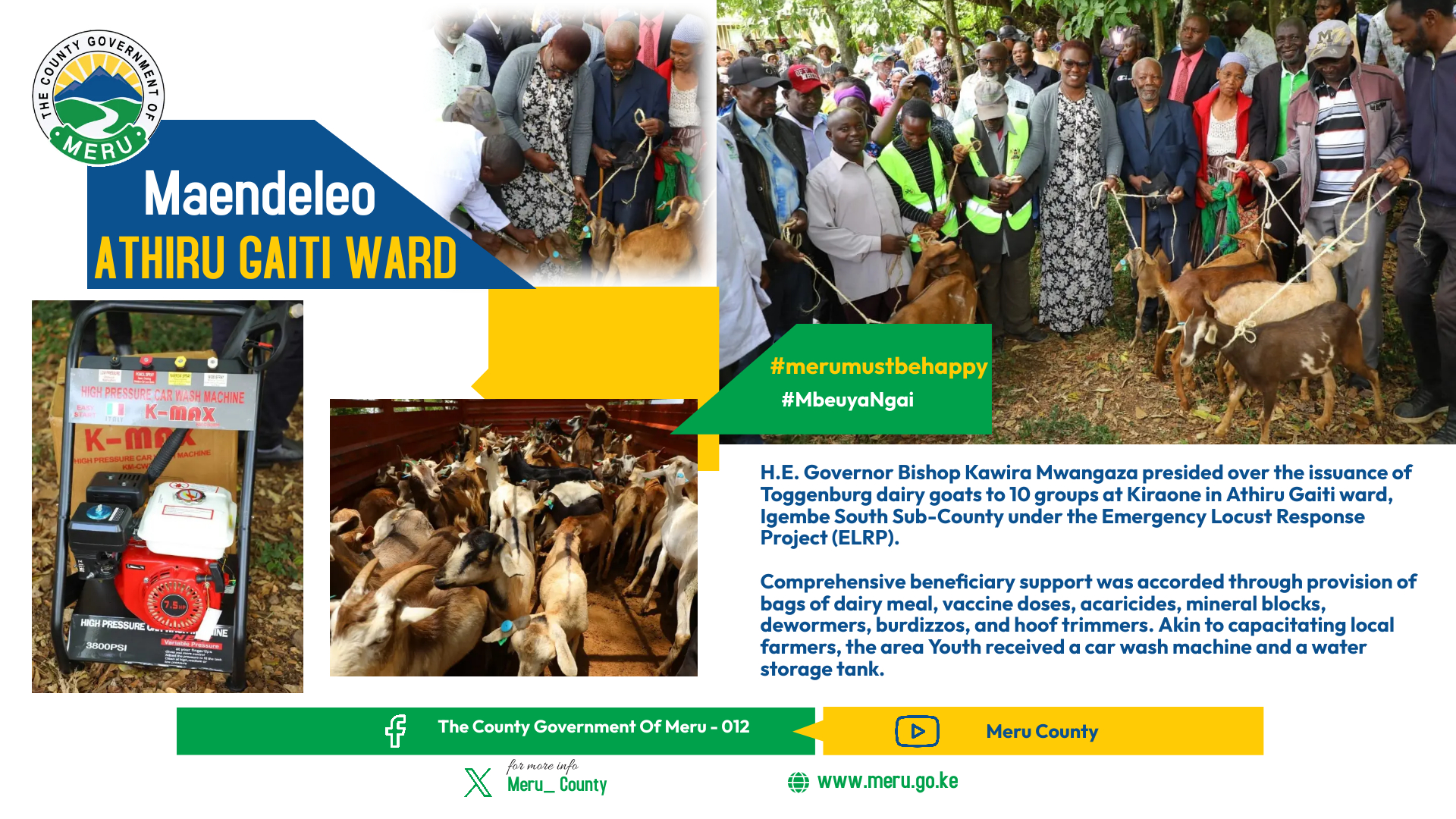 Presiding Over the Issuance of Toggenburg Dairy Goats: H.E Governor Bishop Kawira Mwangaza at Kiraone, Athiru Gaiti Ward, Igembe South Sub-County, under the Emergency Locust Response Project (ELRP)