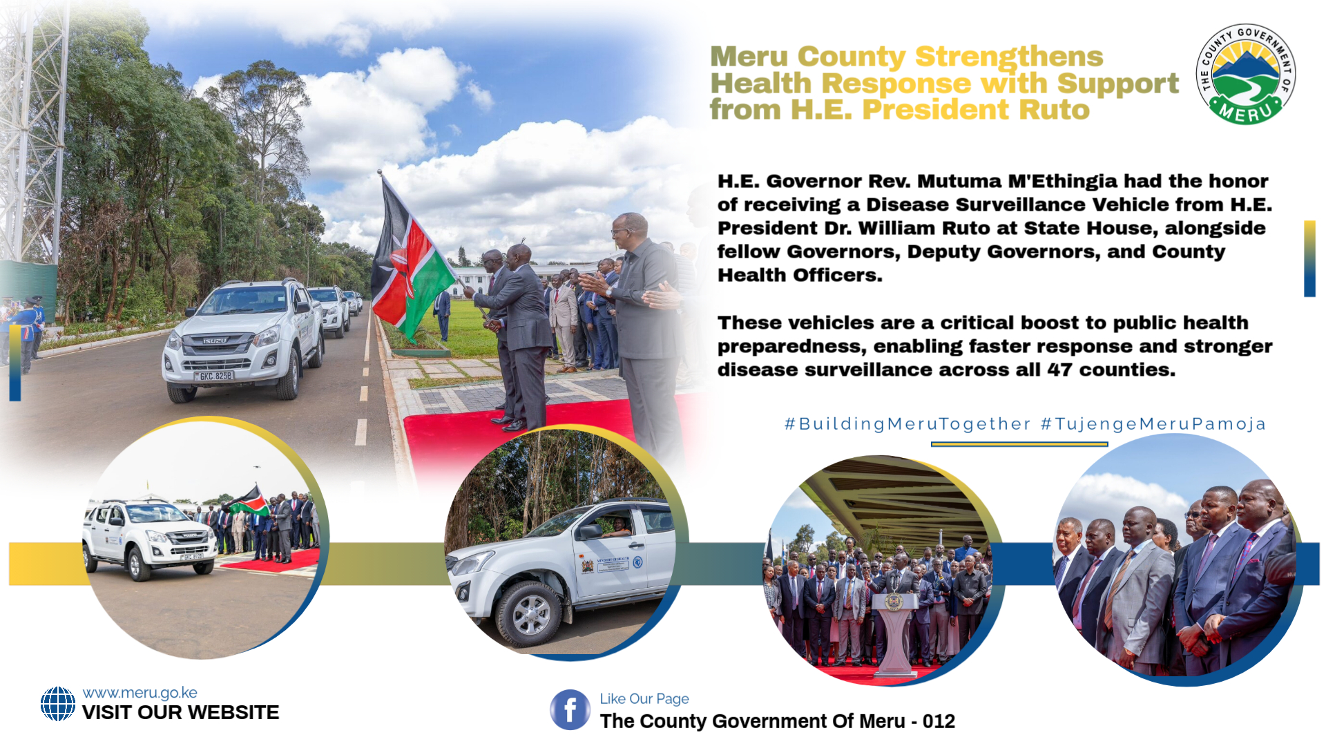 Strengthening Meru Public Health: Governor MEthingia Receives Surveillance Vehicles at State House.