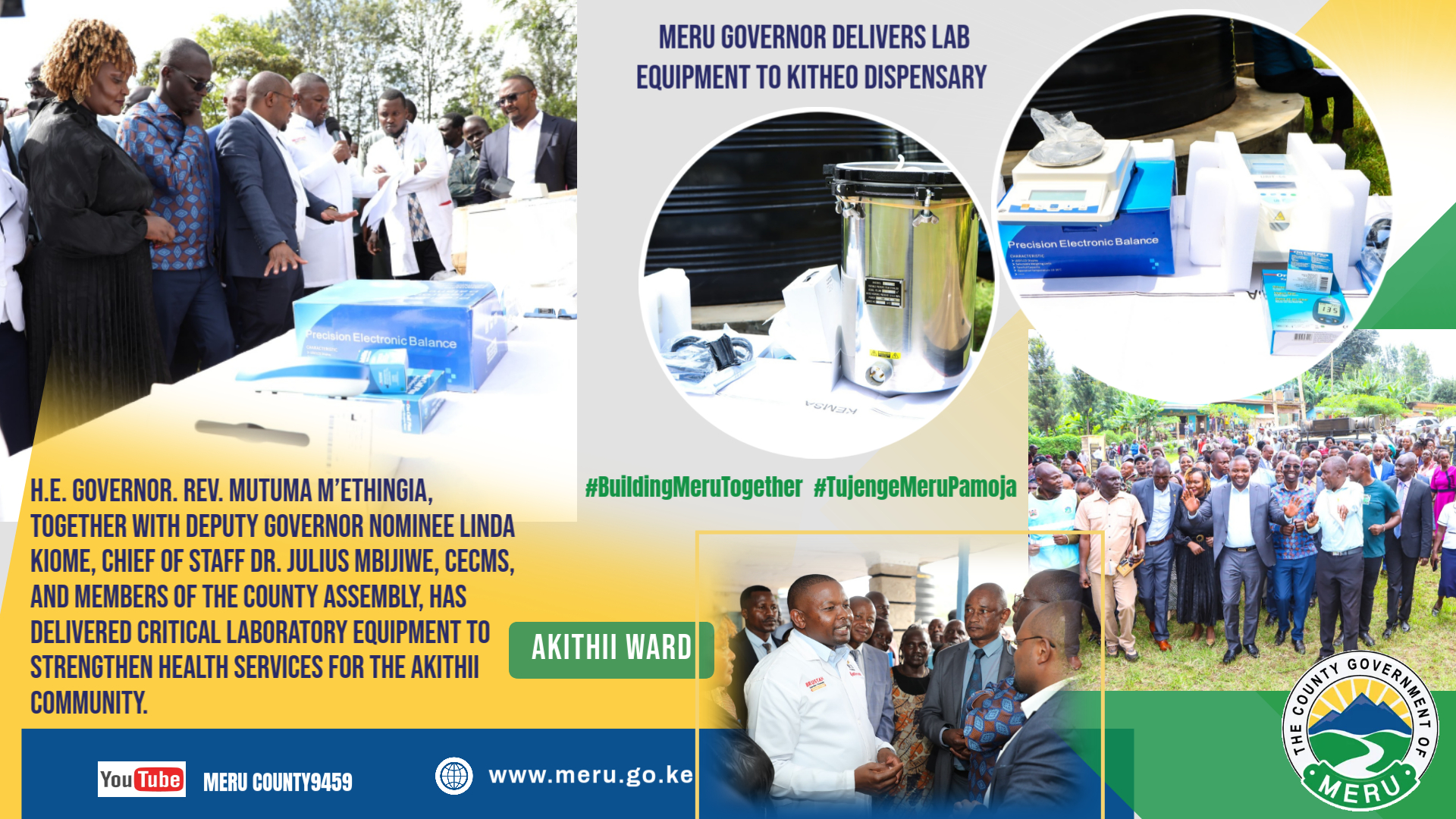 MERU GOVERNOR DELIVERS LAB EQUIPMENT TO KITHEO DISPENSARY, OUTLINES DEVELOPMENT PLANS FOR AKITHII WARD.