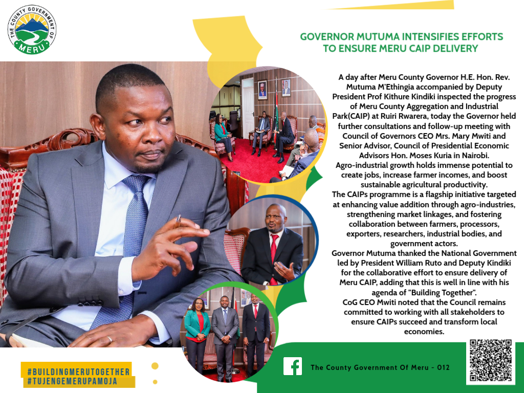 Governor Mutuma M'Ethingia convened a high-level consultative meeting with the county leadership, the CEO of the Council of Governors, and the Presidential Economic Adviser
